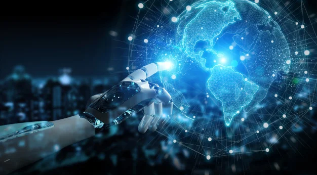 Tecnologia (1) Mano que interactúa con una representación digital del planeta
