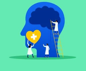 Ilustración de una cabeza y personas que trabajan en el bienestar mental