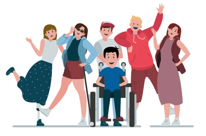 Ilustración de un grupo diverso que incluye personas con discapacidad