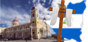 Iglesia y símbolos de Nicaragua en una composición gráfica