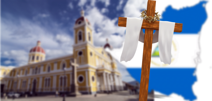 Iglesia y símbolos de Nicaragua en una composición gráfica