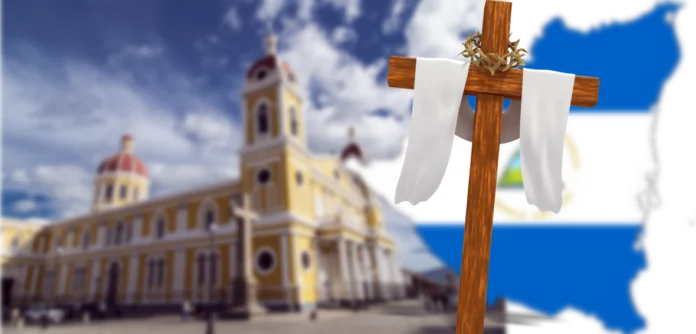 Iglesia y símbolos de Nicaragua en una composición gráfica