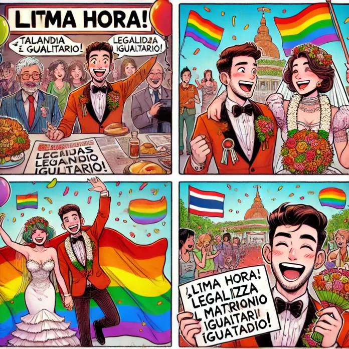 DALL·E 2025-01-27 09.18.03 - Una tira cómica colorida con cuatro paneles celebrando la histórica legalización del matrimonio igualitario en Tailandia. Panel 1 muestra a un present