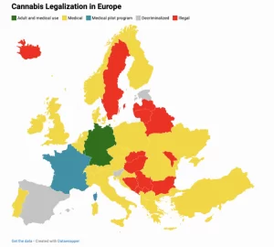 Mapa actualizado sobre la legalidad cannabis en Europa, mostrando países con uso recreativo, médico o despenalizado.