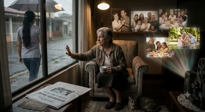 Mujer adulta mayor observa fotografías en su hogar