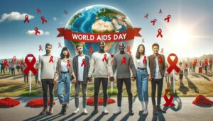 Ilustración de personas y lazos rojos por el Día Mundial del Sida